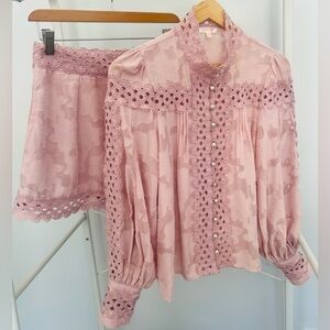 Luxxel Blush Pink Lace Blouse and Shorts Set